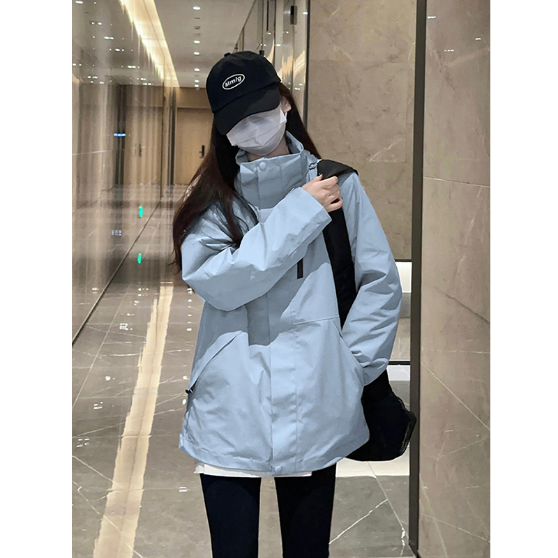 美式蓝色冲锋外套男女款2024新款春夏户外防水防风登山服外套夹克