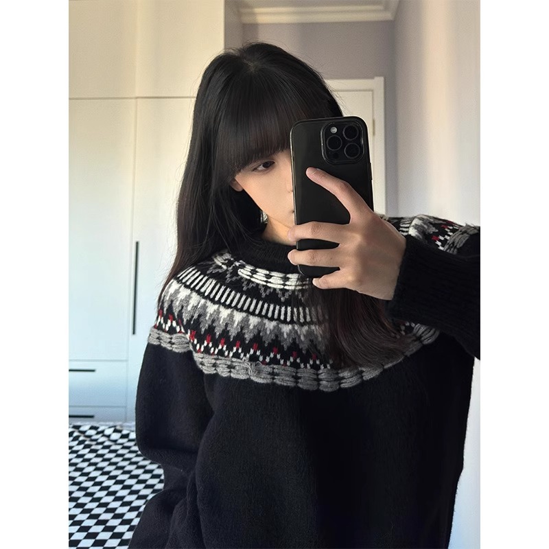 费尔岛毛衣男冬季情侣提花圆领针织衫vintage内搭美式复古打底衫