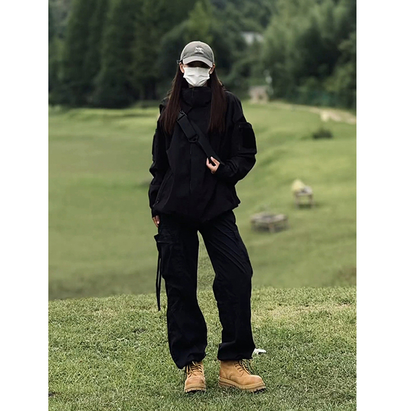 黑色登山工装裤男女春夏美式冲锋衣搭配的裤子户外防水爬山休闲裤