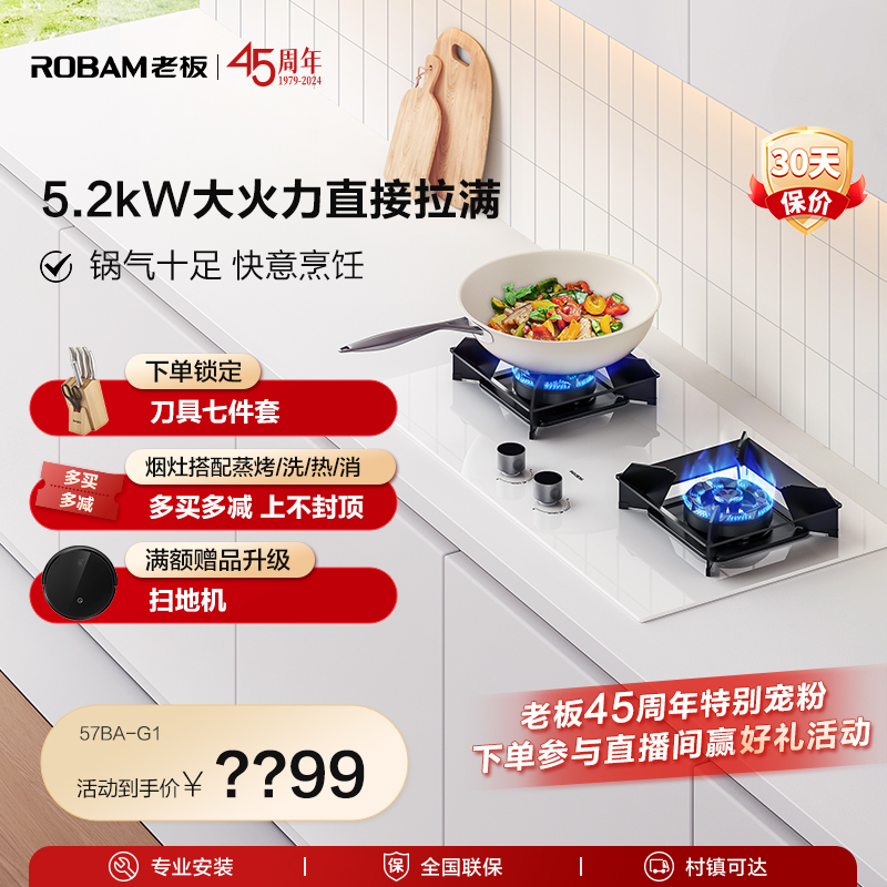 【旗舰新品】老板盐系G1燃气灶双灶家用厨房大火力嵌入式猛火灶具