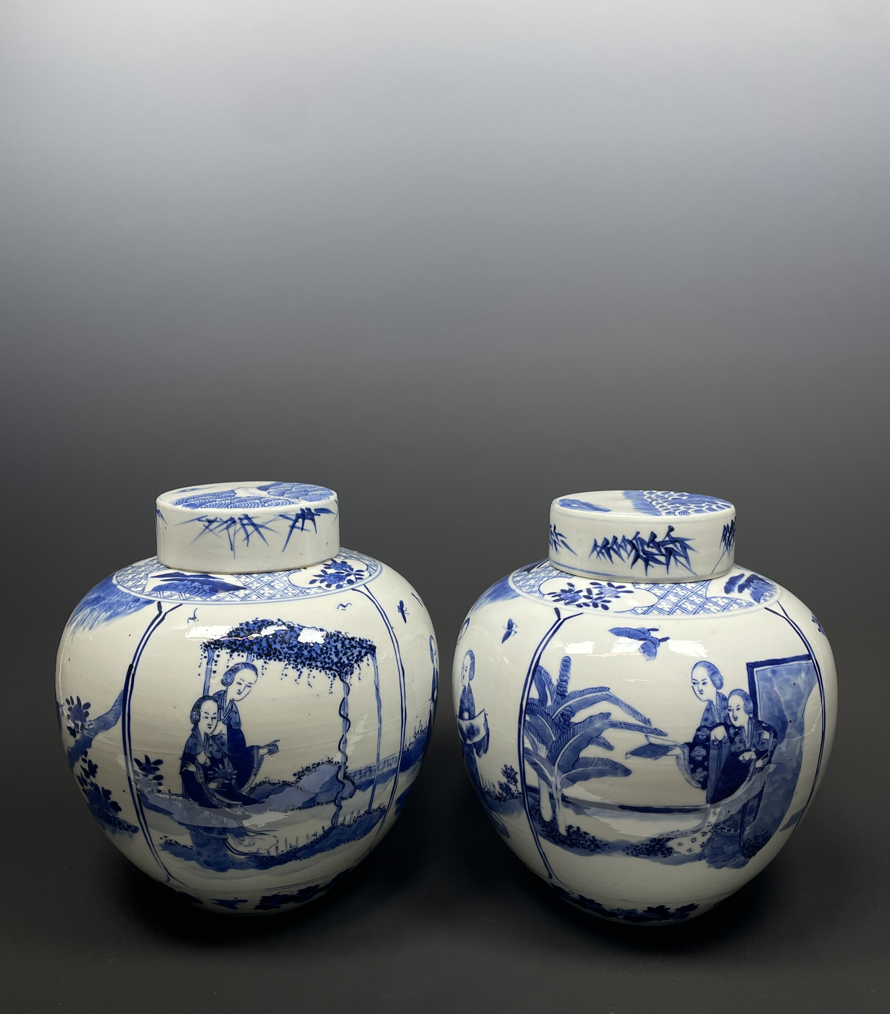 青花开窗人物盖罐y