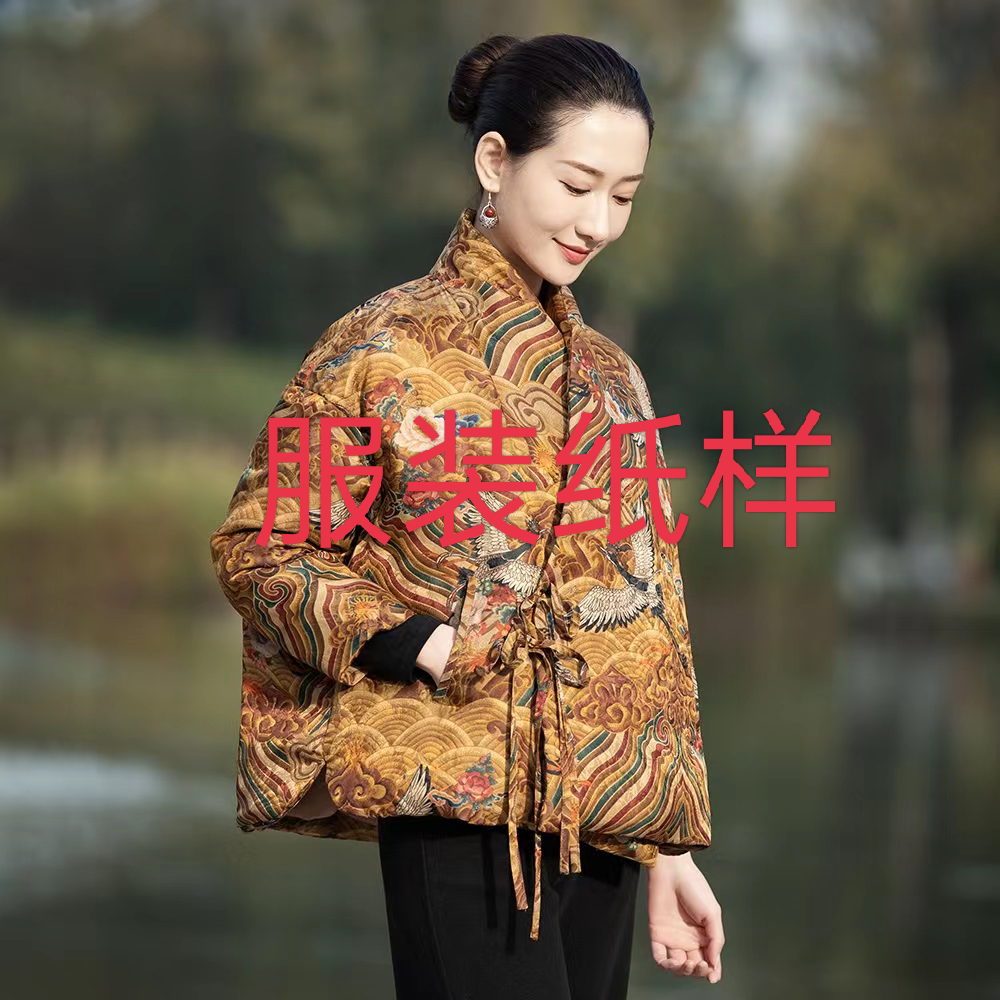 22113008款纸样中式斜襟连立领落肩袖廓形羽绒服纸样