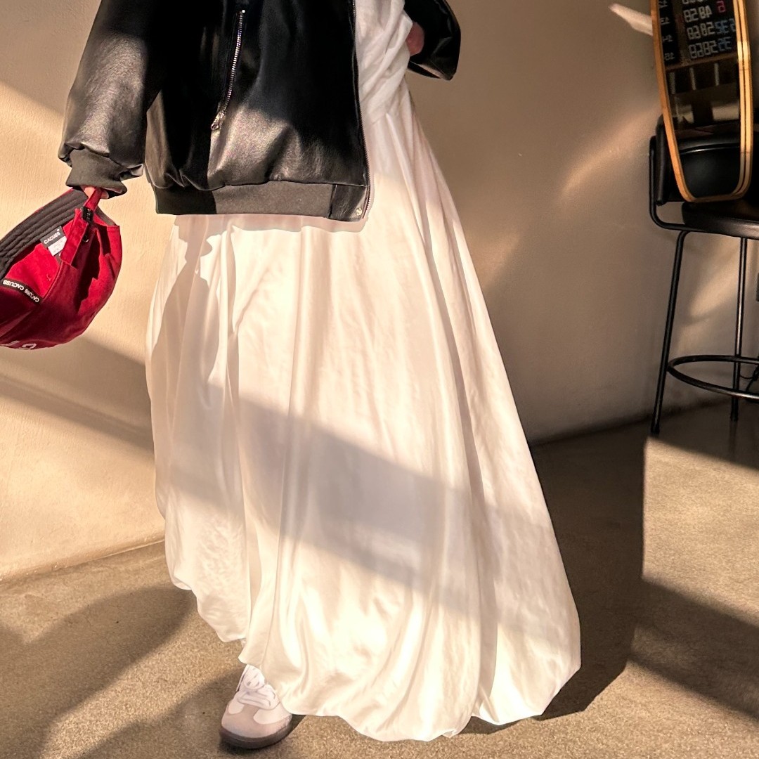 cold gold春意盎然小白长裙垂感高腰纯色亮光缎面花苞裙优雅温柔