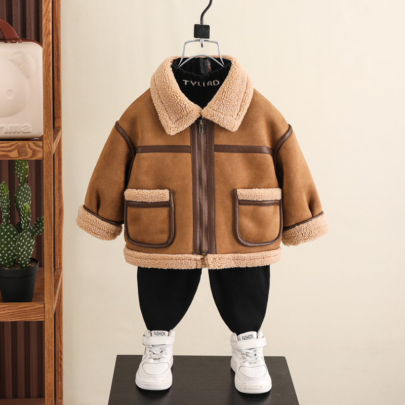 男童2025秋冬新款加绒加厚皮毛一体韩版休闲中小童皮衣外套