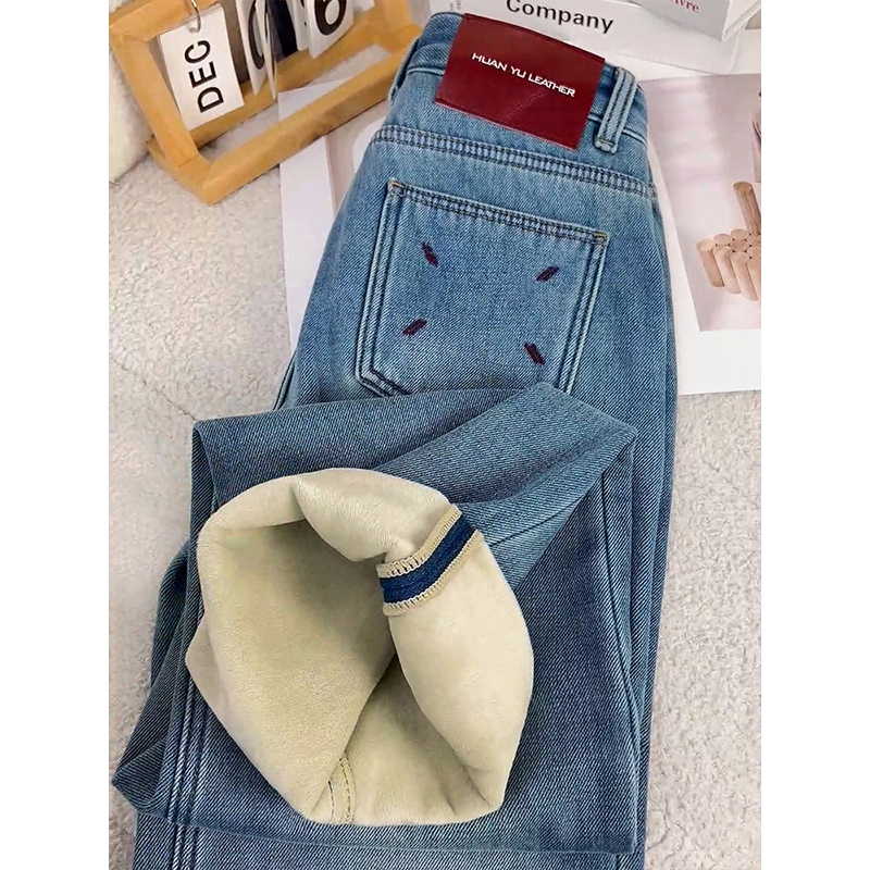 美思源浅色加绒牛仔裤女马吉拉阔腿2025年冬季加厚高腰直筒ins潮