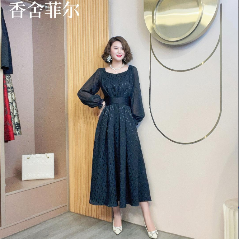 【香舍菲尔】82018高腰新款气质修身法式收腰显瘦提花连衣裙