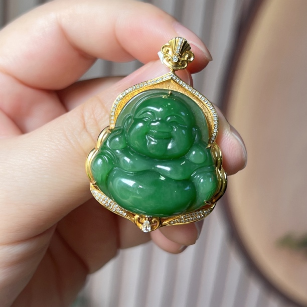 【玉缘汇】传承系列18k金镶嵌和田玉碧玉阳绿佛公精致大气裸石30mm