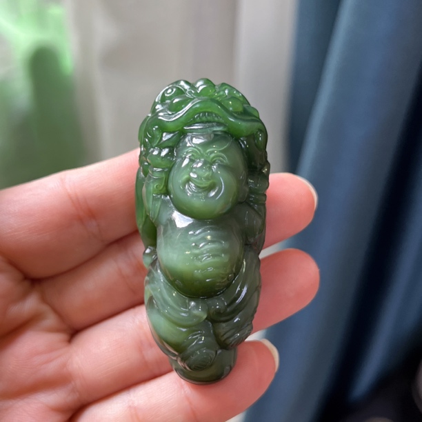 【玉缘汇】传承系列和田玉碧玉黑绿猫眼福娃吊坠 手把件