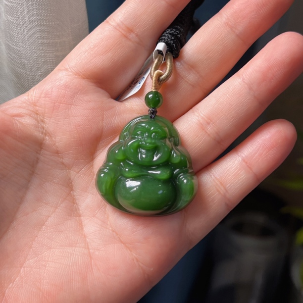 和田玉碧玉老坑阳绿佛公34mm大肚佛玉坠