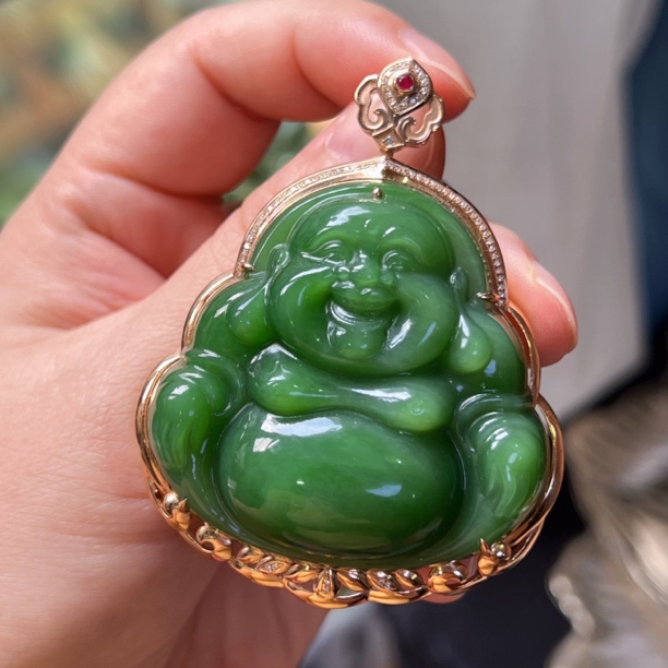 【玉缘汇】18k金镶嵌和田玉碧玉老坑阳绿大佛公简约大气大肚佛玉坠