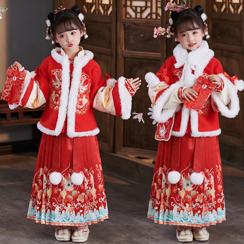 【新疆包邮】汉服女童加绒古装新款唐装秋冬季加厚中国风马面裙儿