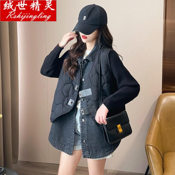 啄木鸟网红欧货上衣秋季新款牛仔针织衫拼接薄棉服马甲韩版宽松外
