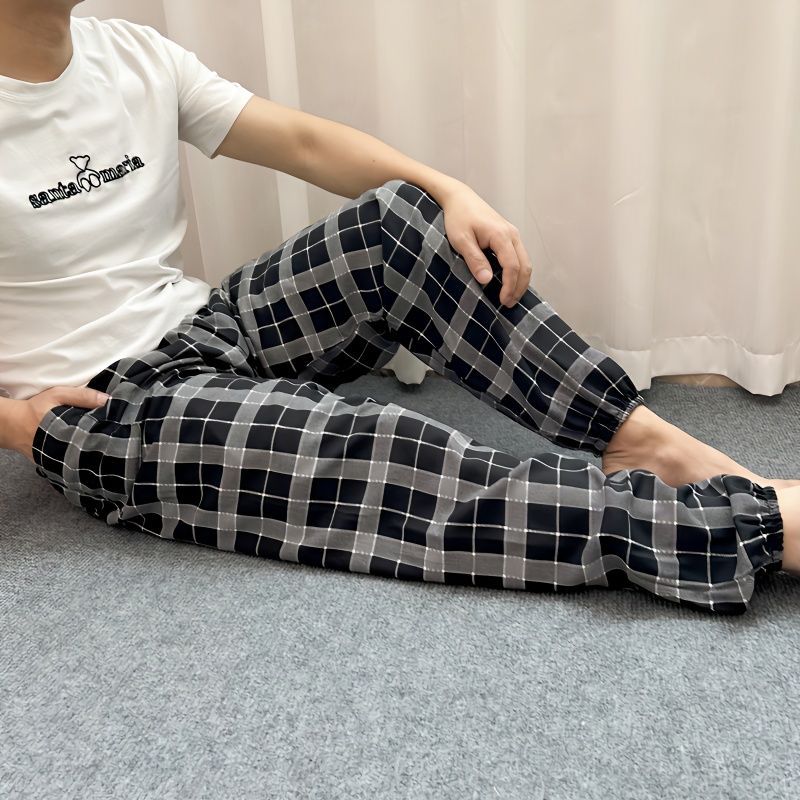 夏季绵绸灯笼裤男士中青年加肥加大家居裤宽松人造棉睡裤棉绸长裤