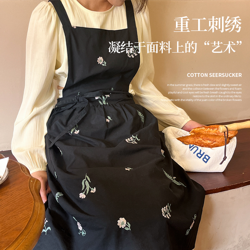 做饭围裙刺绣透气防脏防泼水薄款漂亮厨房围裙家用高颜值时尚