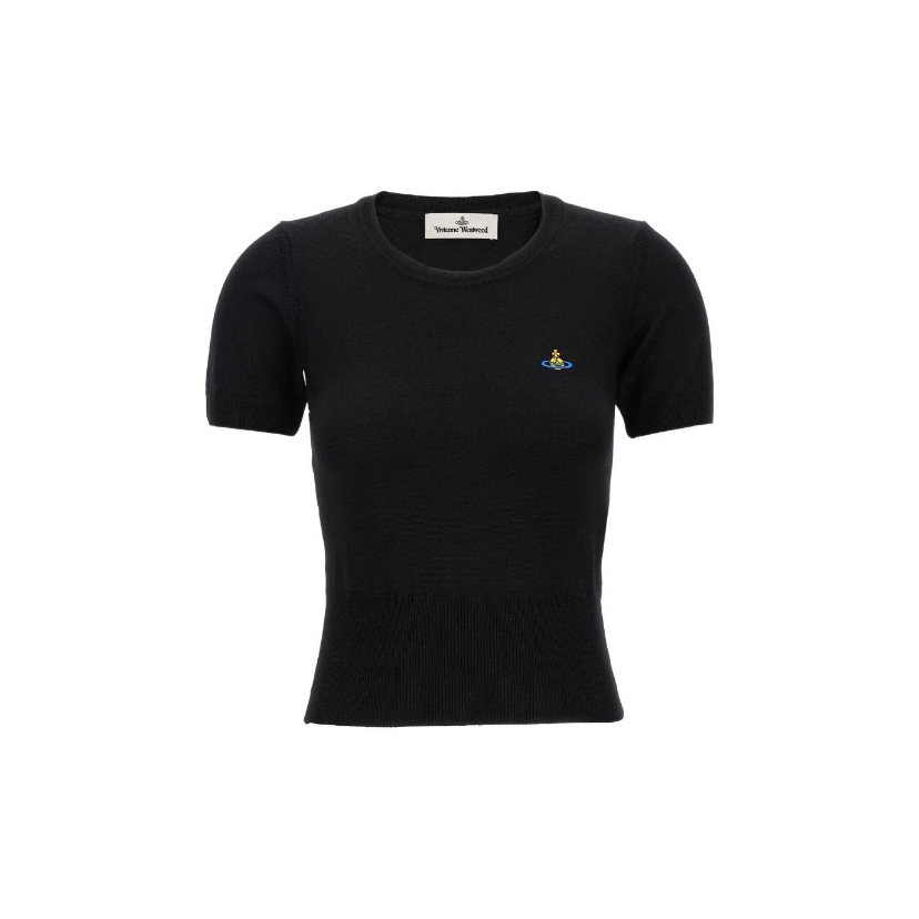奢邦/Vivienne Westwood 图案刺绣羊毛纯色短袖圆领合身针织衫