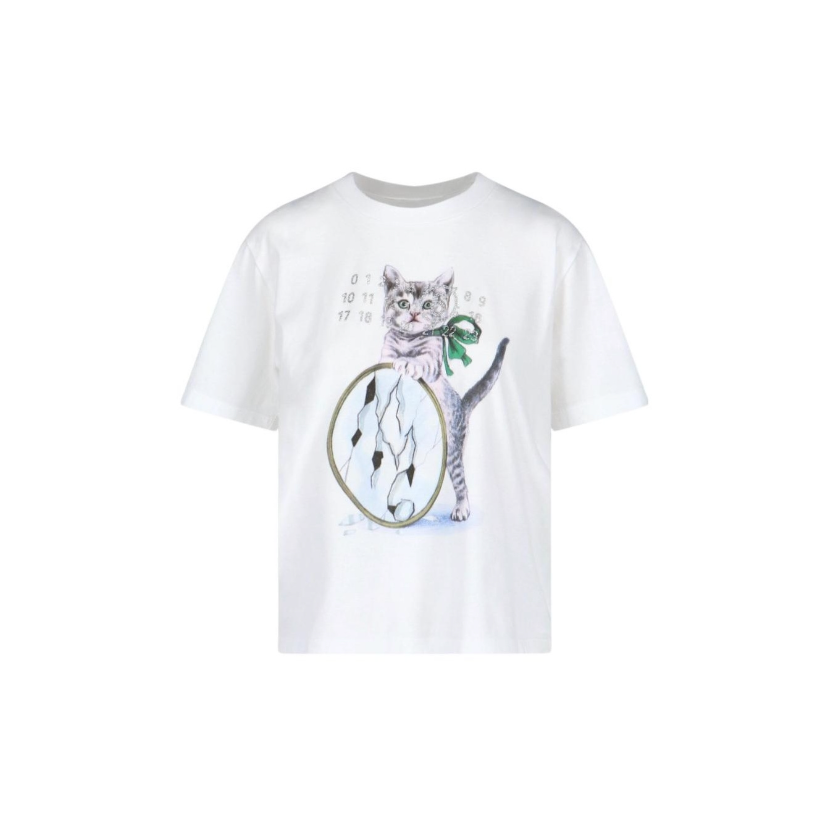 奢邦/MM6 Maison Margiela 扶镜猫咪印花圆领套头短袖T恤