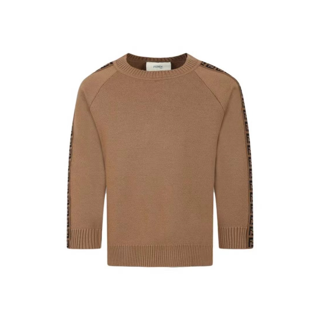奢邦/FENDI芬迪 童装 纯色圆领套头长袖毛衣 棕色