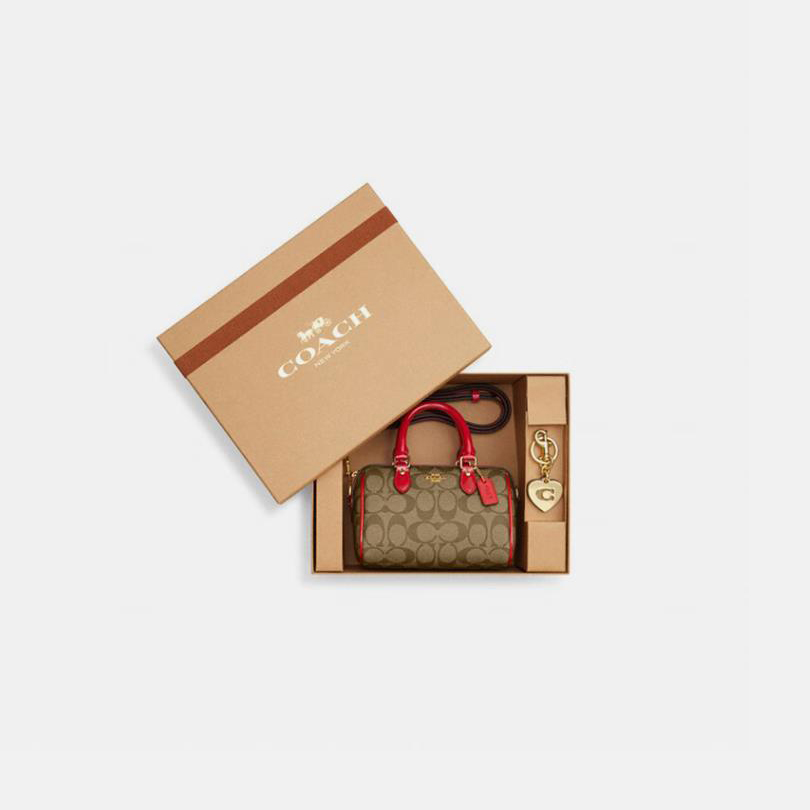 COACH/蔻驰 经典标志印花拼红色斜挎迷你波士顿水桶包礼盒装