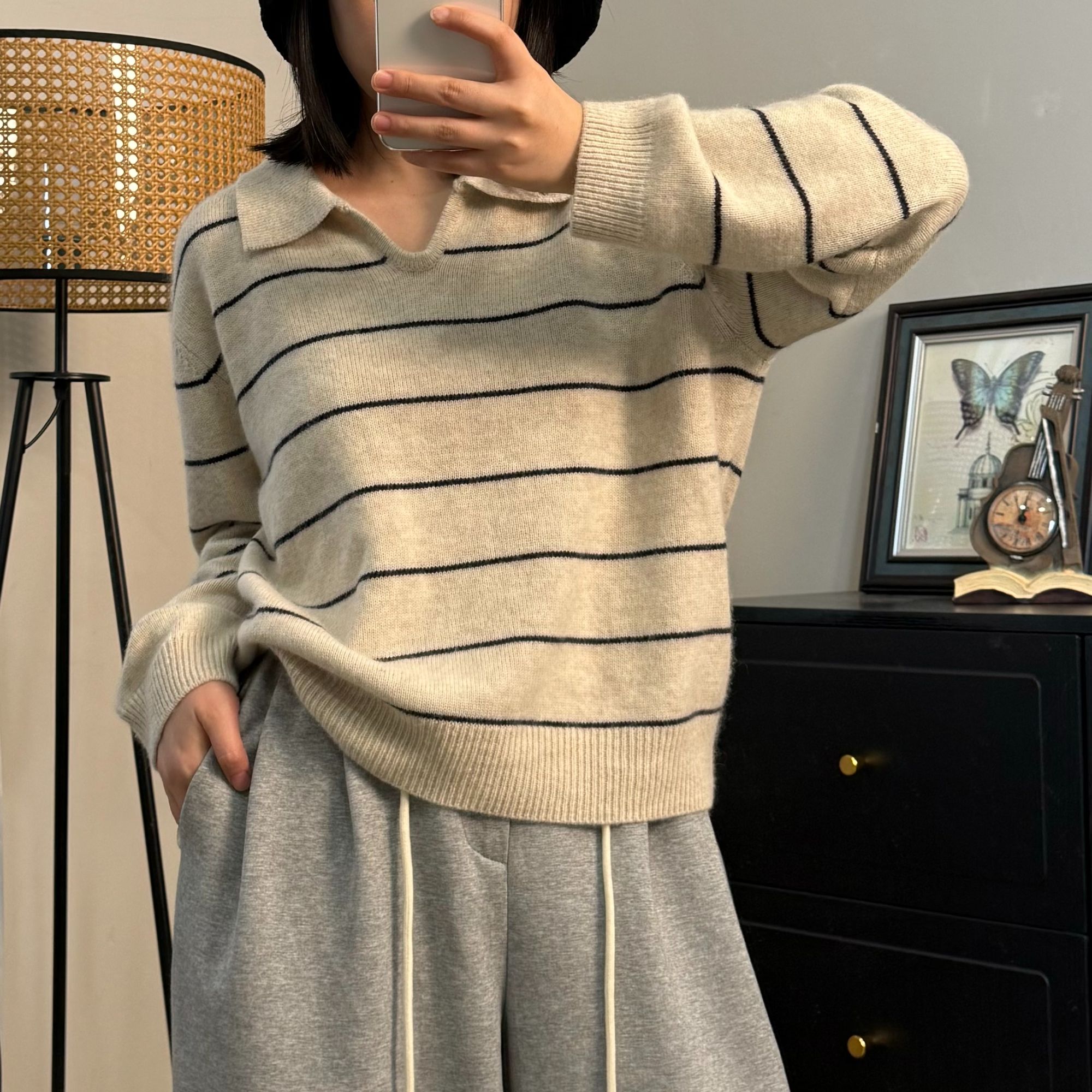 【赖老板】新款条纹POLO领羊毛针织衫设计感宽松慵懒打底套头毛衣