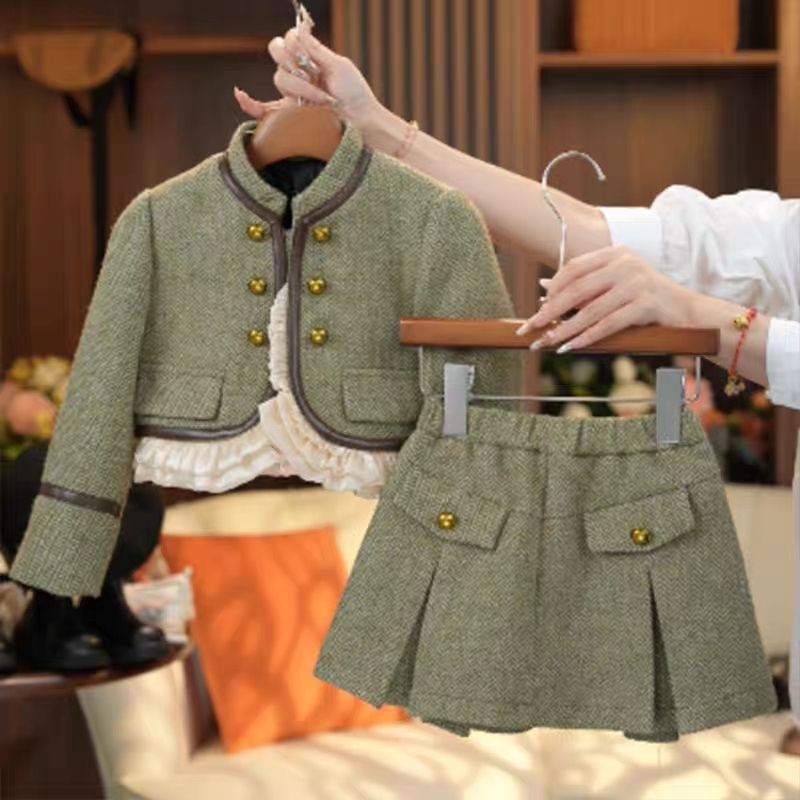 女童冬季套装洋气时髦套装新款气质小香风花边短款外套半身裙套装