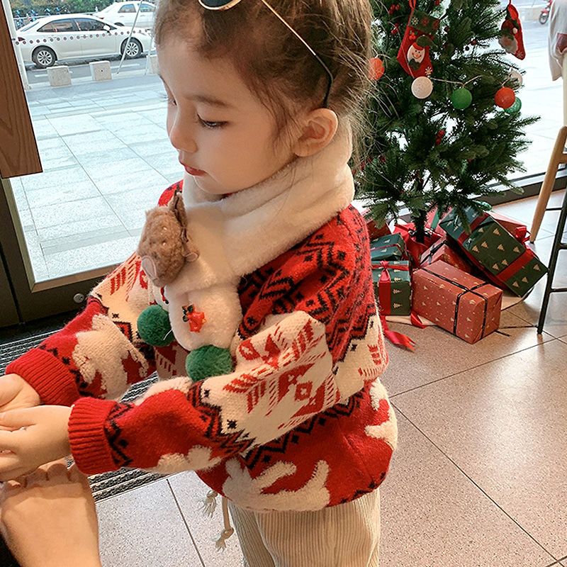 女童圣诞毛衣洋气2023秋冬新款儿童装女孩加绒加厚针织网红上衣潮