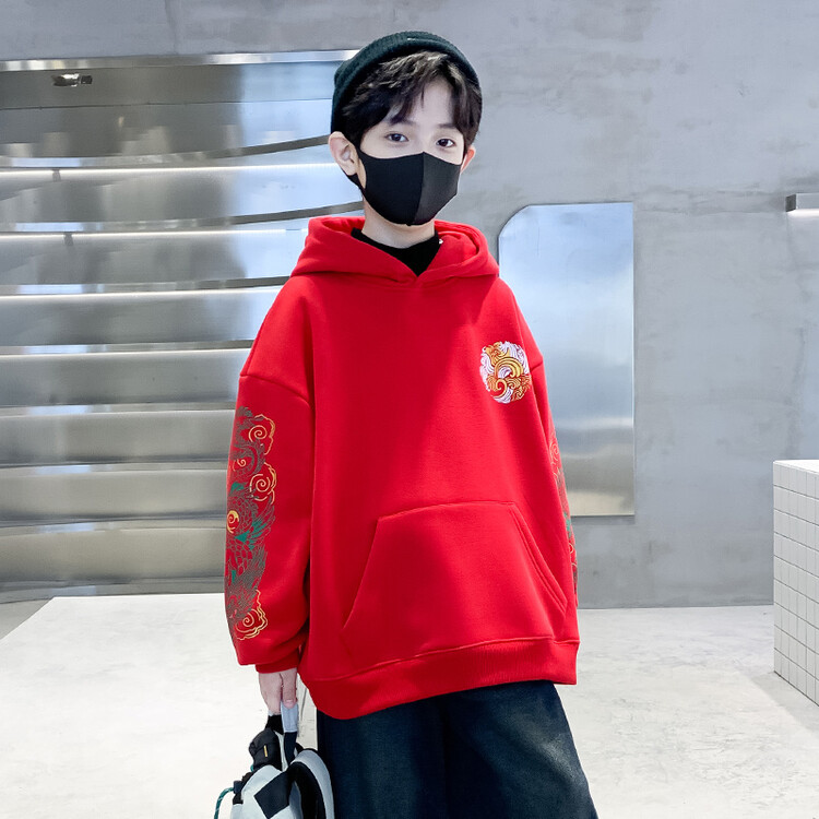 男童拜年服卫衣加绒加厚中国风大童洋气过年儿童红色喜庆冬装上衣