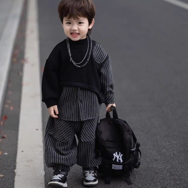 男童一体绒半高领拼色套装2023深秋冬新款韩国洋气卫衣加绒束脚裤