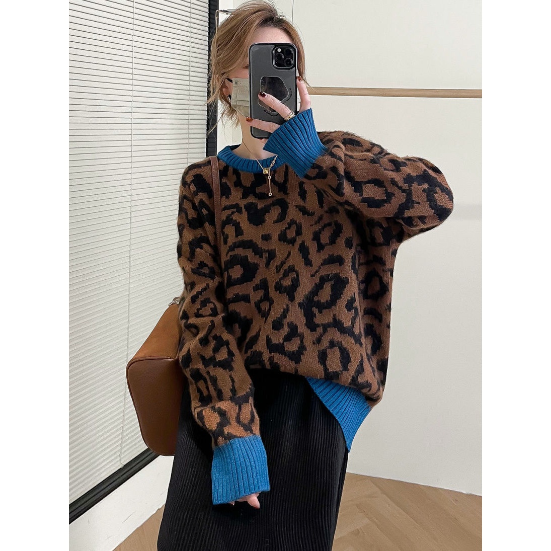 秋冬新款毛衣女加厚保暖豹纹设计感小众宽松外穿慵懒风针织衫上衣