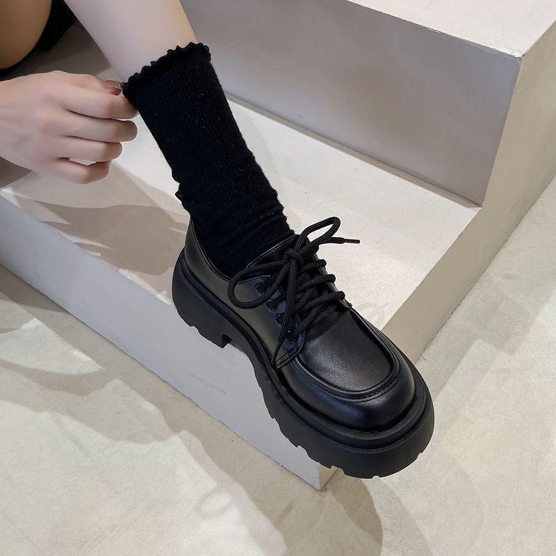 红蜻蜓牌英伦风厚底小皮鞋女2023新款百搭黑色单鞋松糕平底乐福