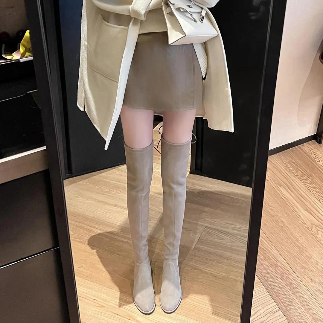 红蜻蜓牌过膝长靴2023年秋冬款长筒显腿长百搭弹力显瘦欧美粗跟绒