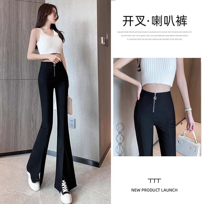 黑色喇叭裤女春秋高腰显瘦西裤2023新款修身垂感时尚开叉微喇裤子