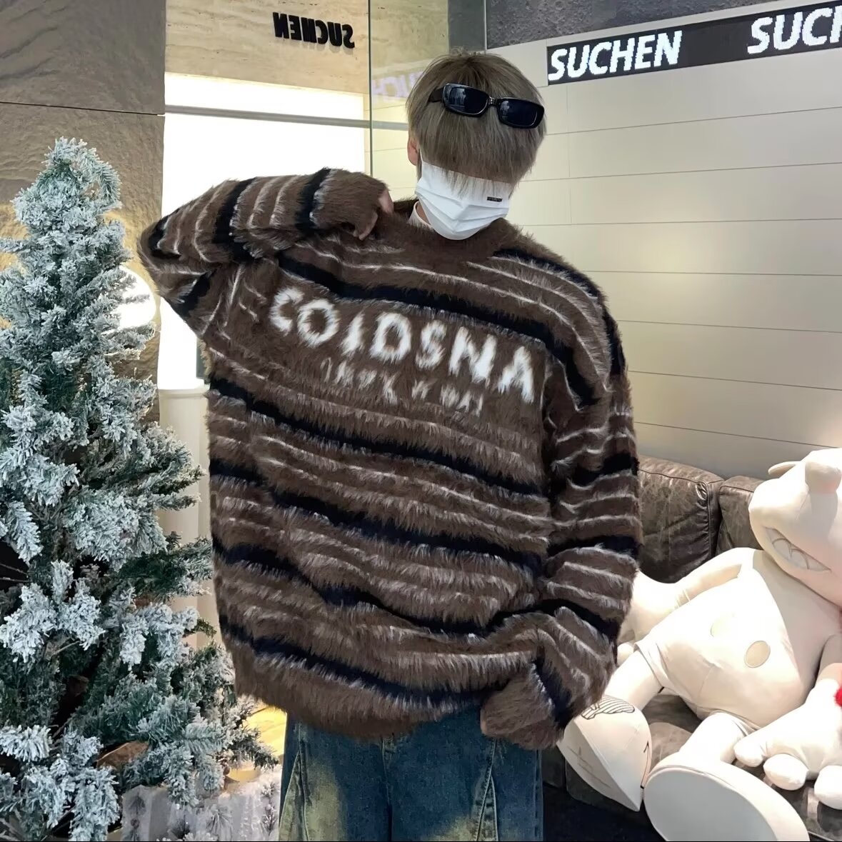 秋冬潮流条纹加厚慵懒风毛衣男女同款ins情侣过年红色宽松针织衫