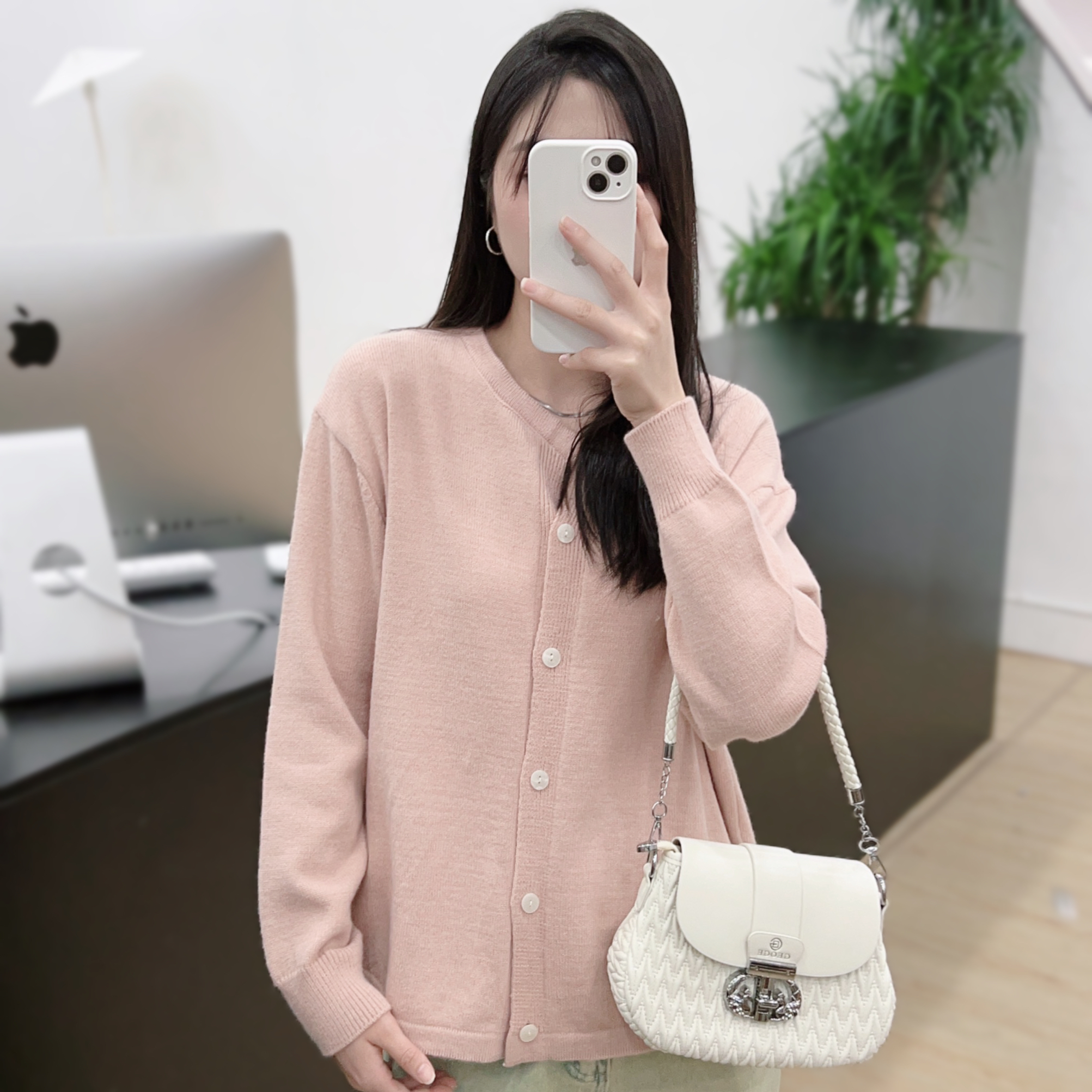 JUANJUAN自制【粉色净版前短后长白扣子】高级通勤风显瘦毛衣开衫