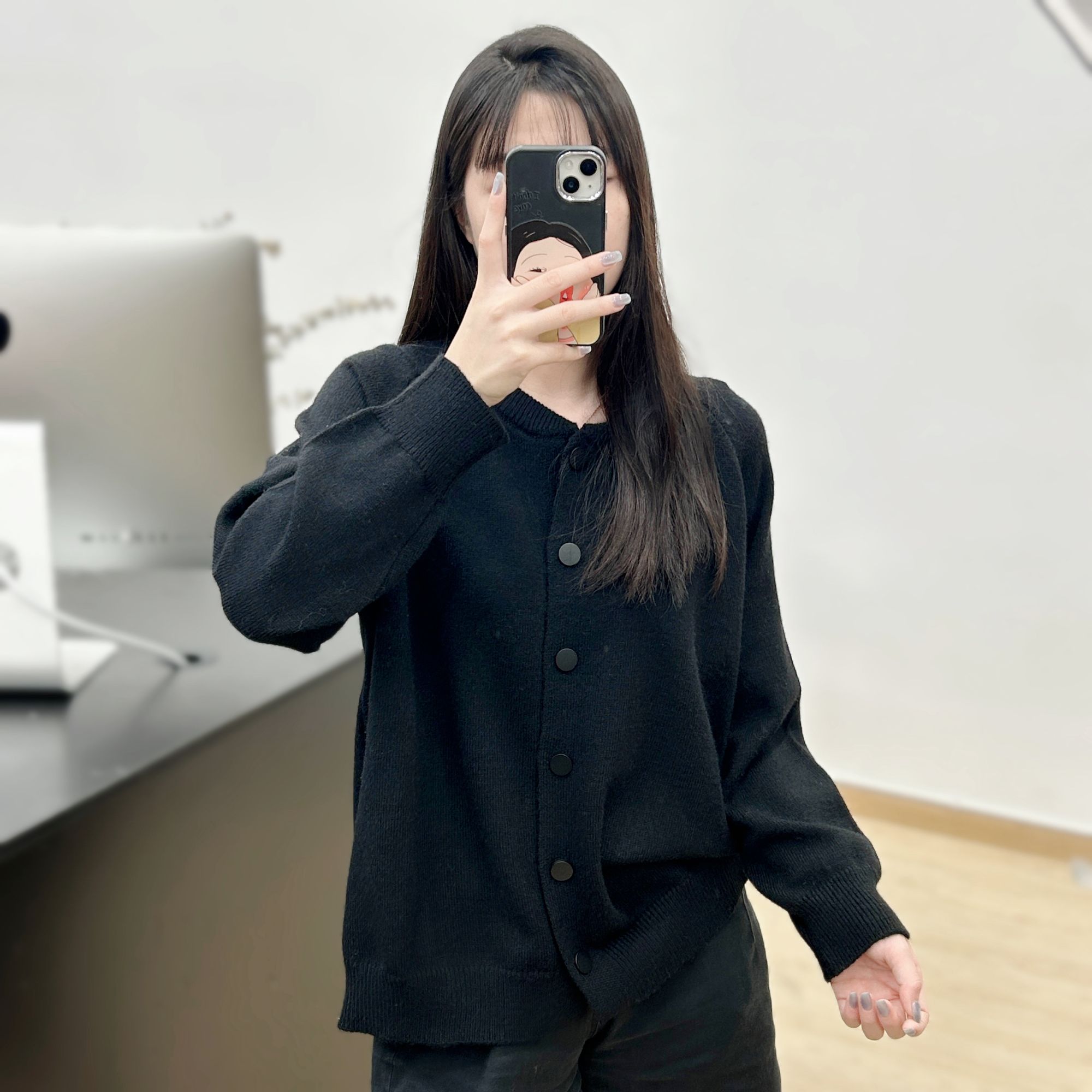 JUANJUAN自制韩版薄款黑色棒球服宽松大版毛衣开衫