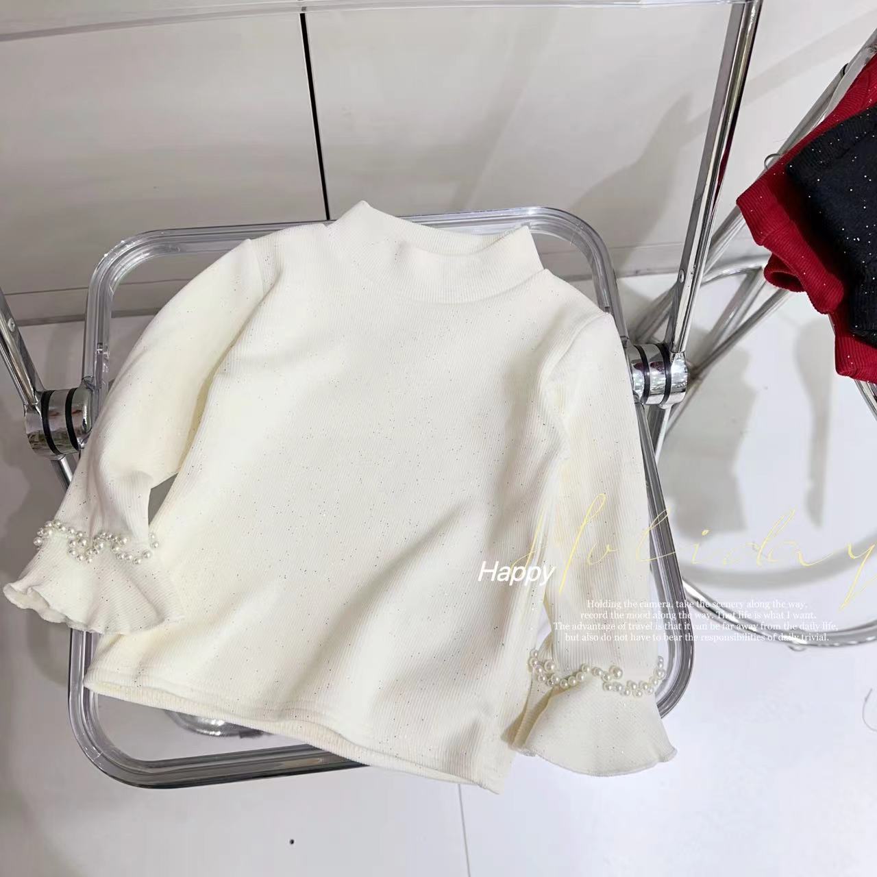 汤圆家童装2024冬季新品韩版亮片弹力珍珠喇叭袖加绒上衣 YA-590