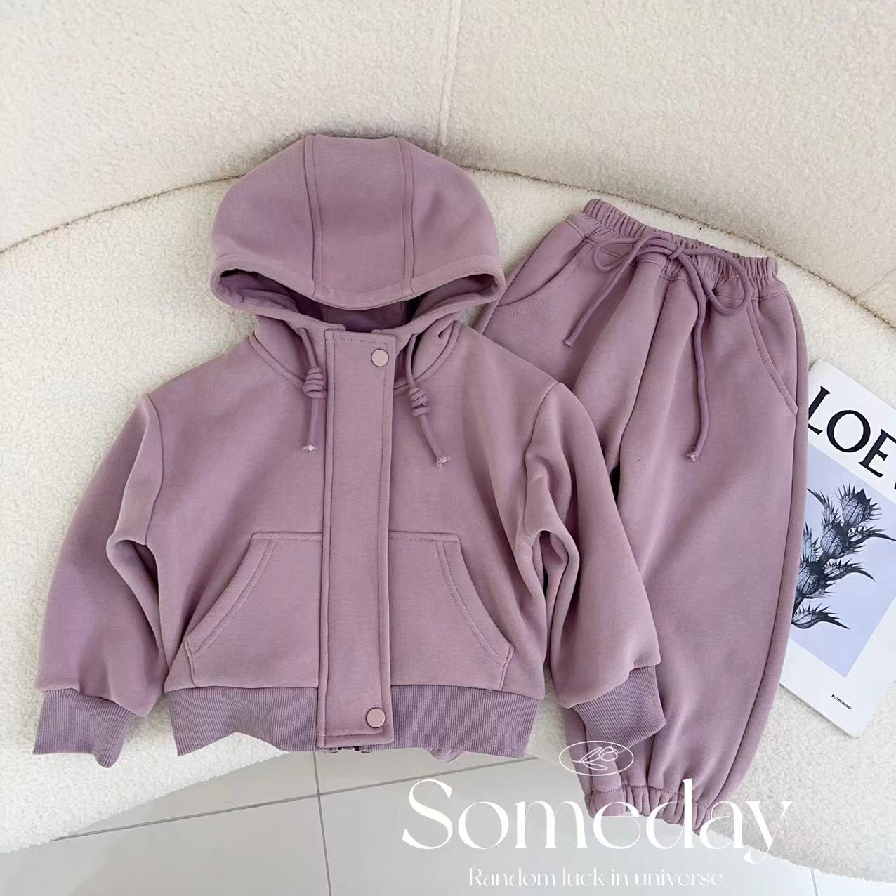 汤圆家童装2024冬季上新甜美跟色绒设计大口袋纯色套装 Y-9918