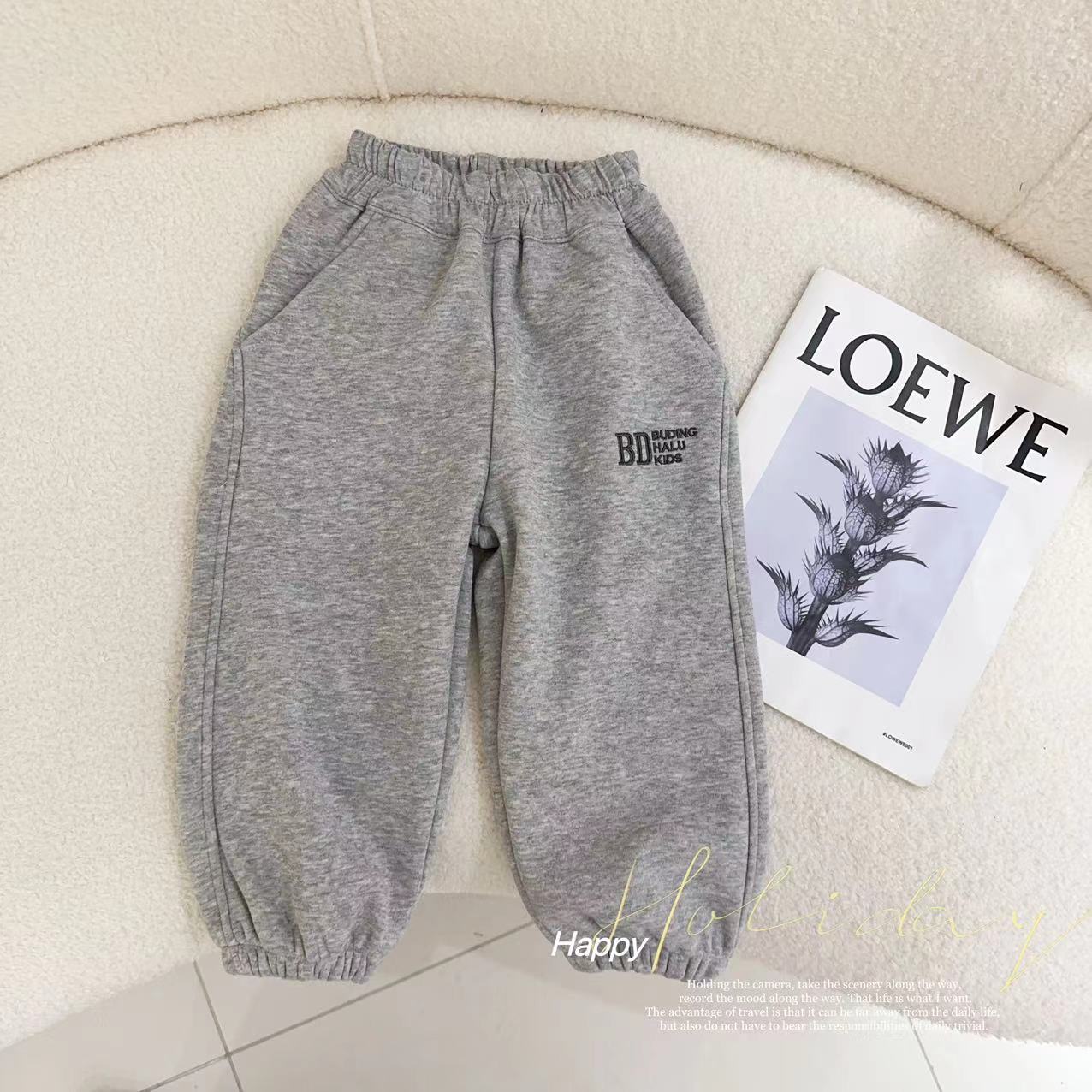【拼接提臀线】汤圆家童装2024冬季简约字母刺绣加绒休闲裤 YA-262