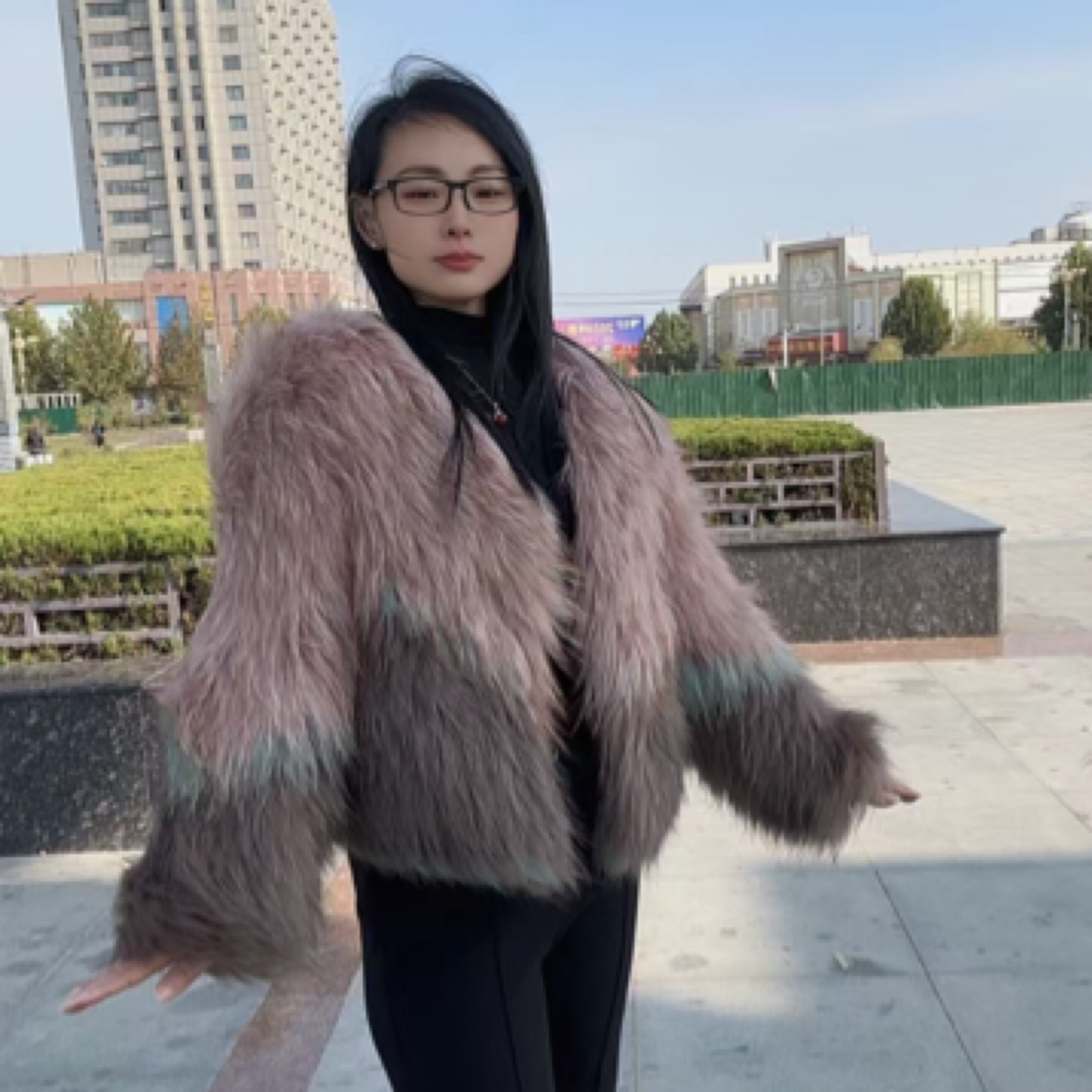 女外套貉子毛编织拼接设计款短款