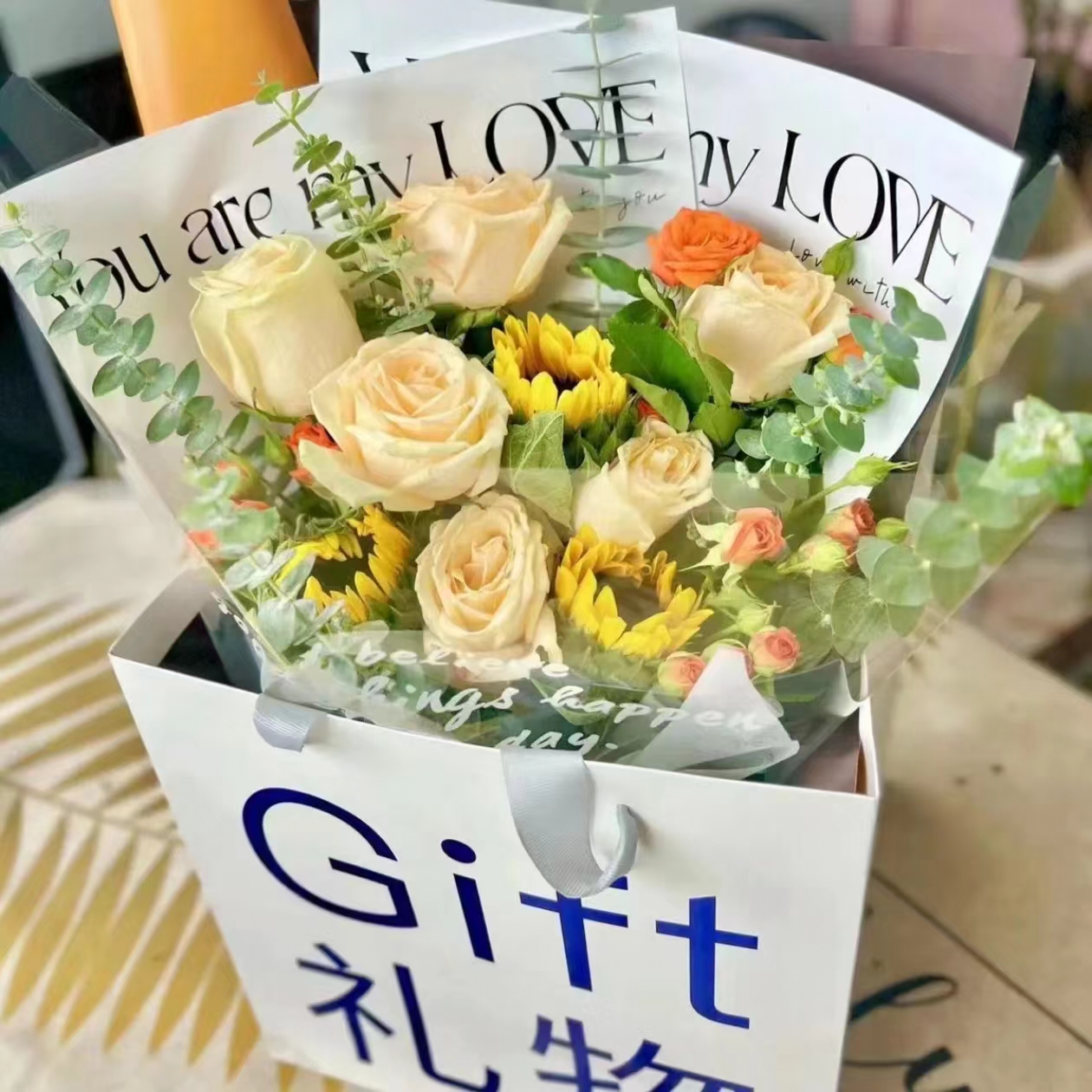 10-毕业季向日葵香槟玫瑰花束【包装好发货】送老师送朋友
