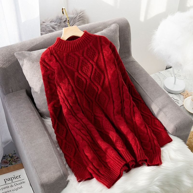 毛衣女宽松慵懒风网红红色麻花套头中长款秋冬季外穿加厚针织衫裙