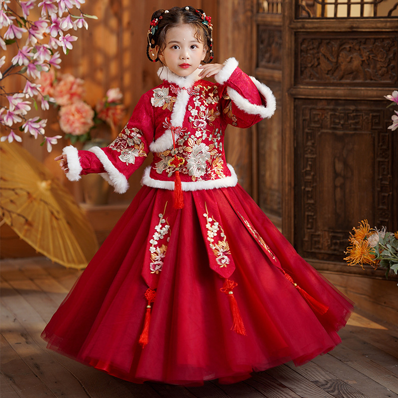 汉服女童冬装加厚新年装儿童中国风唐装过年小女孩拜年服冬款裙子