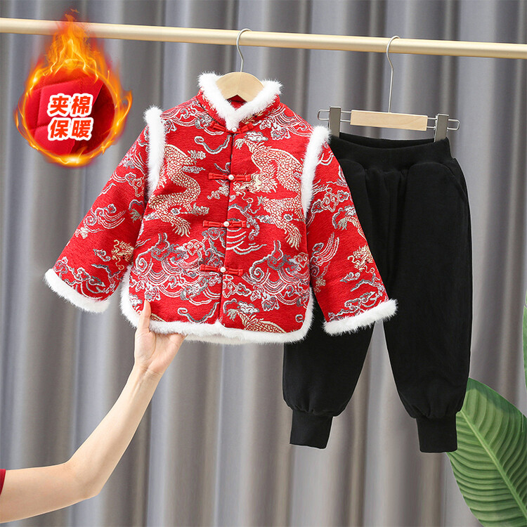 拜年服男童冬季唐装中国风宝宝古装汉服套装儿童过年红色新年衣服