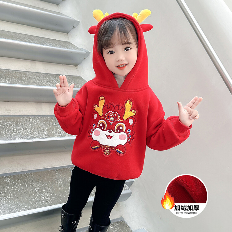 女童卫衣加绒2024新款冬季洋气连帽上衣儿童加厚红色拜年服外套潮