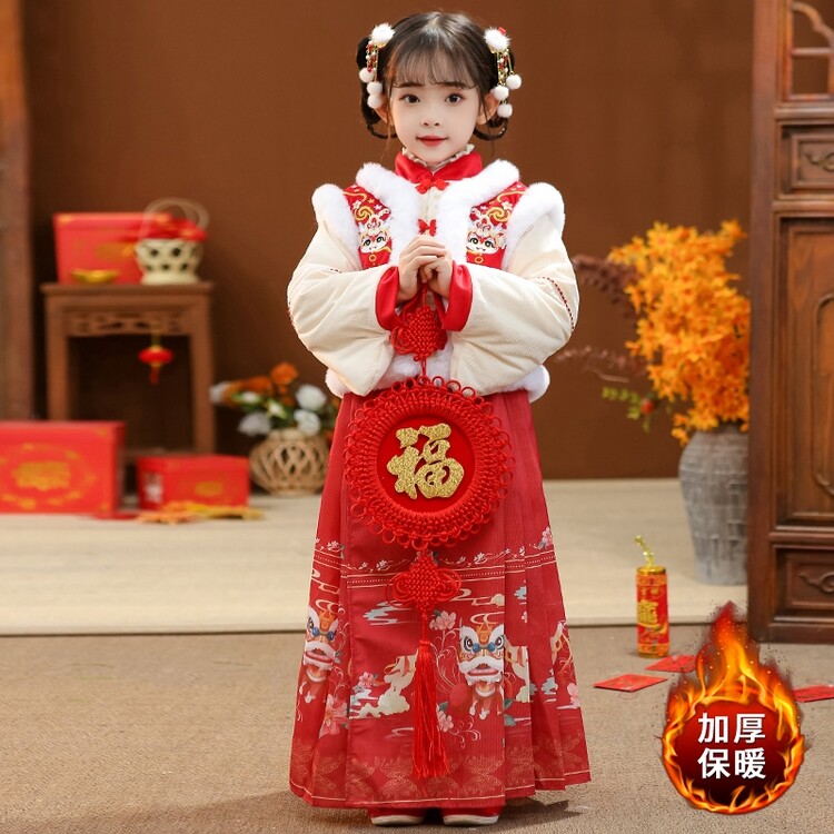 女童唐装马面裙套装秋冬款潮儿童中式国风汉服过年拜年服冬季8岁9