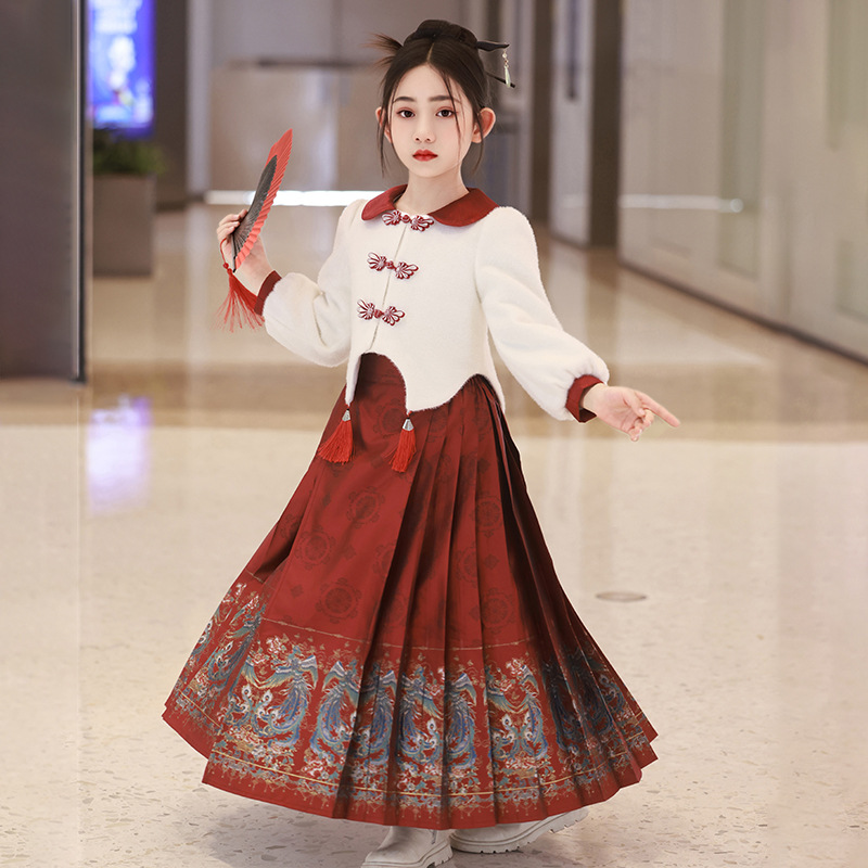 冬季古装大童唐装加厚加绒保暖古风马面裙汉服女童冬款儿童拜汉服