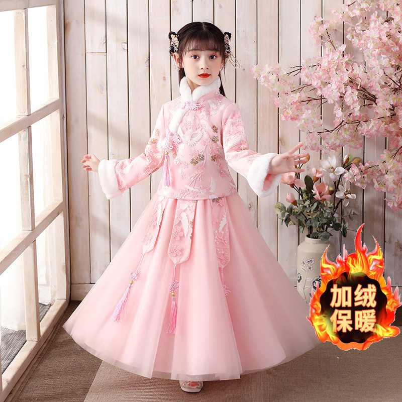 汉服女童冬季套装儿童古风冬季小女孩中国风加绒加厚裙唐装两件套