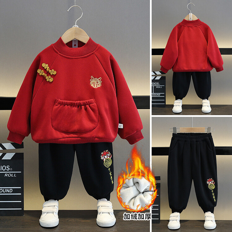男童中国风唐装加绒卫衣套装冬季儿童汉服过年喜庆宝宝红色拜年服