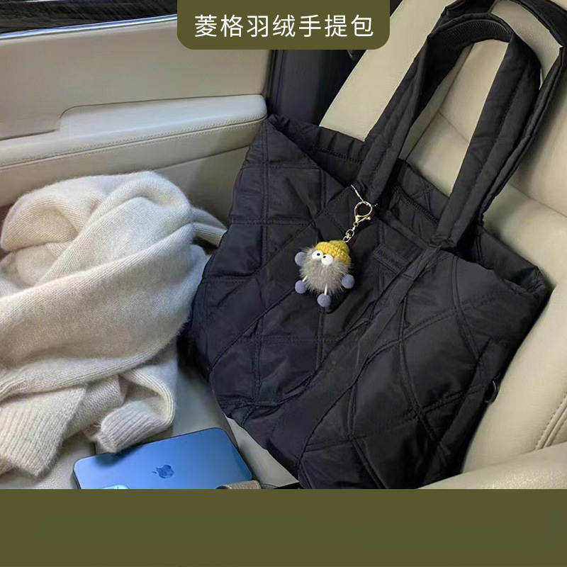 新款尼龙布菱格绣线羽绒托特包女百搭休闲手提包大容量通勤单肩E