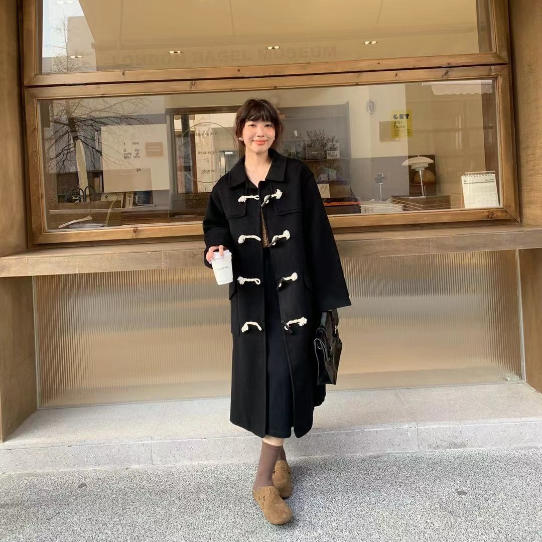 MY.LADYBRO黑色木质扣 秋冬双面时尚气质通勤常规长款大衣       