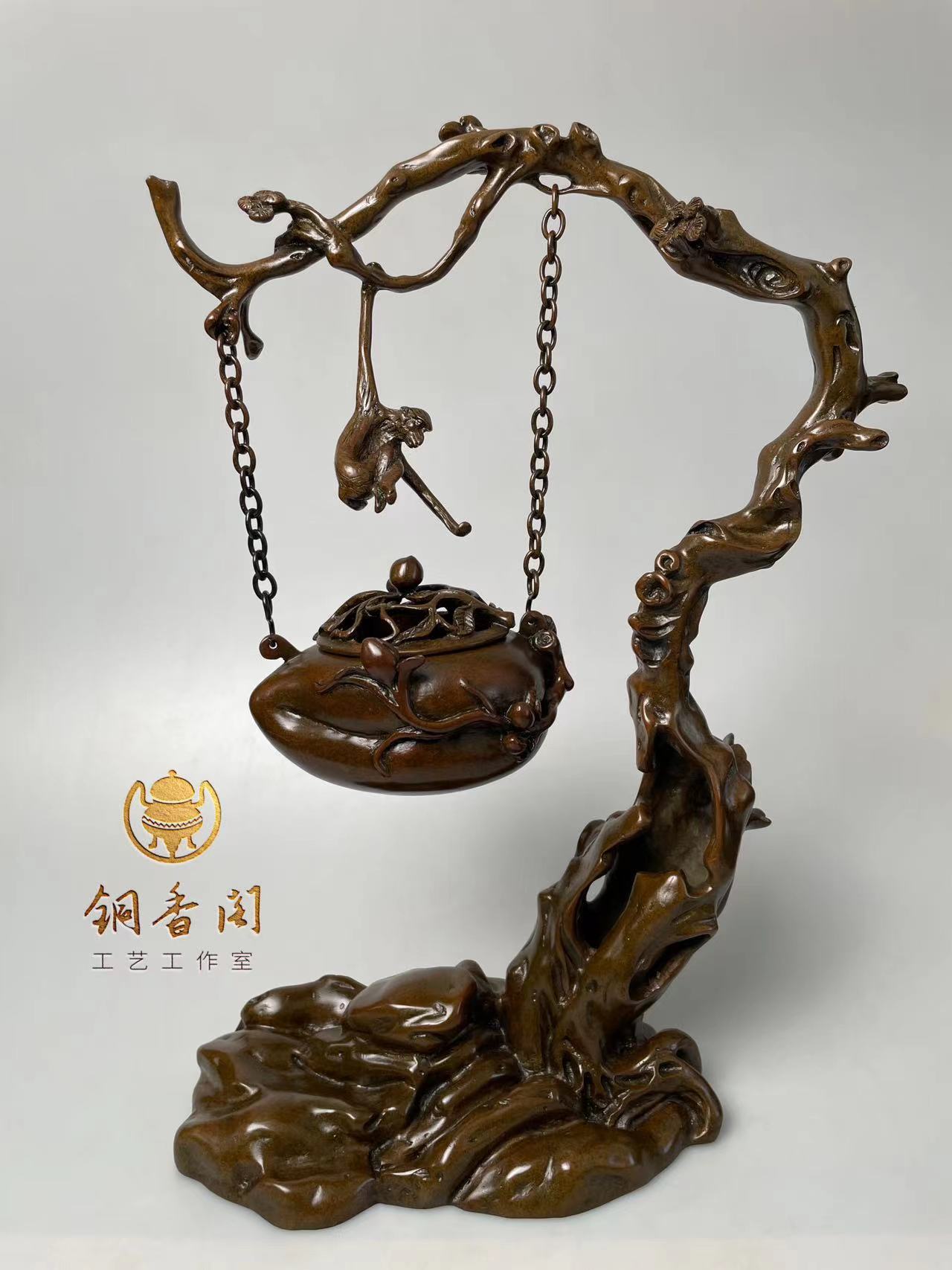 猴子摘桃挂薰吊炉手工书房办公室茶台客厅摆件紫铜工艺现代高度